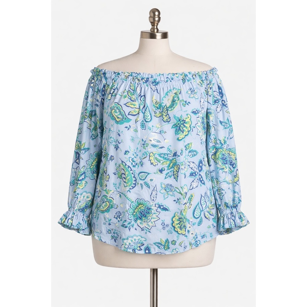 Talbots Womens 1X Blue Floral Paisley Off The Shoulder‎ Top Resort Vacation Boho
